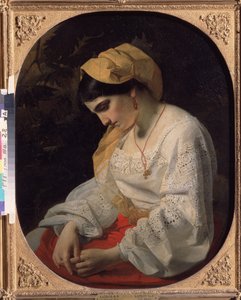 若い花嫁（A Bride）。 諦めた表情の悲しい若い女性の横顔の肖像画。 Yakov Fyodorovich Kapkov (1816-1854) の絵画、キャンバスに油彩 作： Yakov Fyodorovich Kapkov