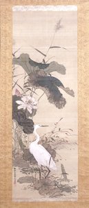 Lotus And Snowy Heron (インク、カラー、シルク) 作： Yamamoto Baiitsu