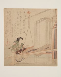 織り機で織る女（カラー木版画