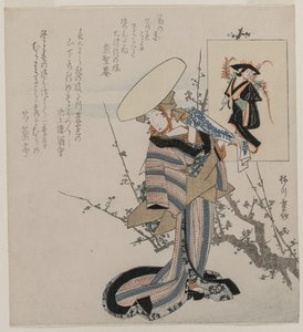 藤乙女に合わせた梅林の女（大津絵図比女図より） 作： Yanagawa Shigenobu