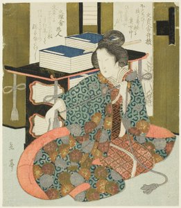 「葛飾倶楽部七冊組」より 車輪付き書箱のひもを引く女 作： Yashima Gakutei