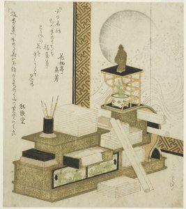 筆記用具、本、アドニスの鉢植えのある本棚 作： Yashima Gakutei