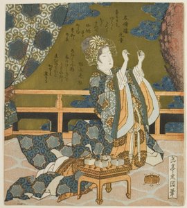 箱の中の糸とクモの巣を調べている 2 人の中国人女性、シリーズ「ドラム グループのディプティク」より 作： Yashima Gakutei