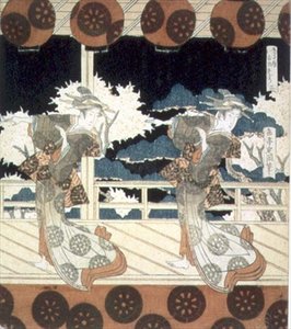 二人の踊り子が舞台に立つ『古市の踊り』（久方屋グループ）シリーズより 1822年頃（墨絵 作： Yashima Gakutei