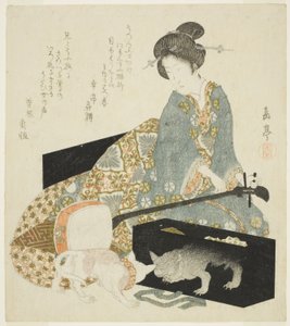 三味線と猫の女 作： Yashima Gakutei