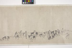 穀物を運ぶ100頭のロバ、手巻、1700年頃（紙にインク） 作： Ye Yin