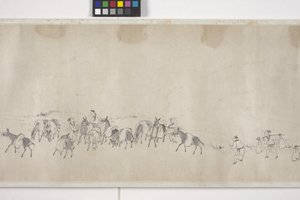 穀物を運ぶ100頭のロバ、手巻、1700年頃（紙にインク） 作： Ye Yin