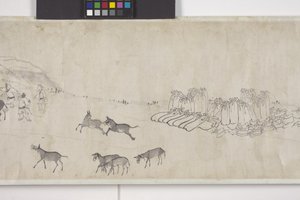 穀物を運ぶ100頭のロバ、手巻、1700年頃（紙にインク） 作： Ye Yin
