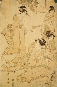 年賀状を受け取る3人の女性と1人の青年（木版画） 作： Yeisho Yeisho