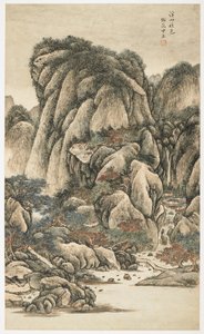 小川と山の紅葉、12 枚の葉のアルバムから 作： Yongxi Jin