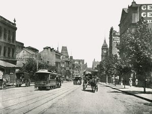 1895年、オーストラリア、メルボルンのラッセルストリートから西を向いたコリンズストリート。 作： York and Son