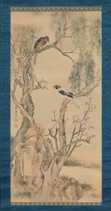 柳と開花桃の木の鳥。 作： Yosa Buson