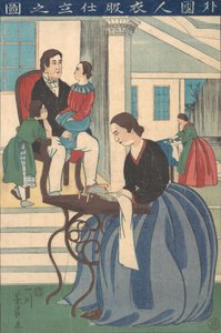 妻が服を作っている外国人家族（1860年 作： Yoshikazu