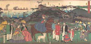 神奈川の名所権現山を訪れる外国人、1861年2月。 作： Yoshikazu