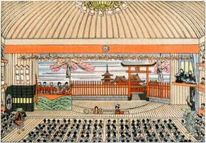 日本の伝統的な劇場: 東京の主要な劇場である歌舞伎座の舞台で、回転台があります。 作： Yoshimune Arai