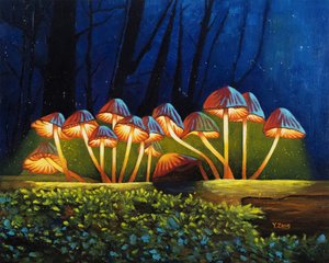 夜光に光るキノコ、2023年（キャンバスに油彩） 作： Yue Zeng