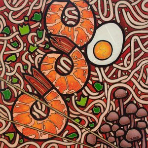 ラーメン・エビ、2023年（ミクストメディア、ウッドボード） 作： Yue Zeng