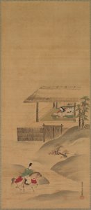 源仲国、小後姫を訪ねる、掛け軸のトリプティク、1600年代後半（絹にインクと着色） 作： Yukinobu Kiyohara