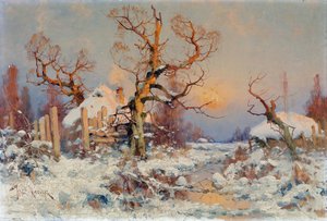 夕日の冬の風景。 Juli Julievich (Julius) von Klever (1850-1924) による絵画、キャンバスに油彩、19 世紀後半から 20 世紀初頭。 ロシアの芸術、リアリズム。 プライベート コレクション。 作： Yuly Klever