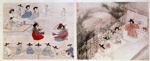 Art coreen: 日常の女戦闘シーン。 シン・ユン・ボク (またはヘウォンが 1758 年に行った) の版画。 18世紀か19世紀。 亨弼全集 作： Yun bok Sin