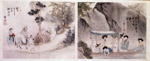 Art coreen: ウォーキングとボートのシーン。 Sin Yun Bok (または Hyewon) (1758 年生まれ) の版画。 18世紀。 作： Yun bok Sin