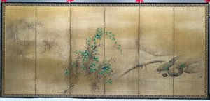 冬と夏の花、6パネルの屏風のペアの1つ、c。 1600（紙にインク、色、金）