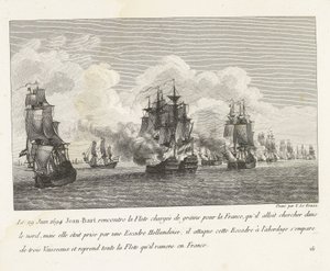 Jan Bart herovert graanschepen op een Hollands eskader、1694 1694 年 6 月 29 日、ジャン=バールはフランスに向けて穀物を積んだ艦隊に会い (...)、フランスに持ち帰ったすべての艦隊を乗っ取った (オブジェクトの称号) Eのチーフ、ジャン・バールの戦いのコレクション 作： Yves Marie Le Gouaz