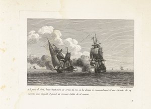 Jan Bart in dienst van de koning van Frankrijk, 1678 1678 年の和平で、ジャン=バールは国王に仕え、14 門のコルベットの指揮を与えられ、16 門のコルセア サルタン (オブジェクトの称号) を手に入れました。 櫛のコレクション 作： Yves Marie Le Gouaz