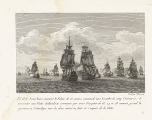 Jan Bart valt と zijn eskader een Hollandse vloot aan, 1676 1676 年、18 門のパルムを搭載したジャン バールは、5 隻のコルセアからなる戦隊を指揮しました (...) (オブジェクトのタイトル) ルイ14世時代の戦隊指揮官ジャン＝バールの戦闘集（連載タイトル） 作： Yves Marie Le Gouaz