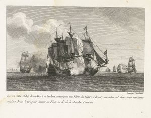 Jan Bart valt twee Engelse schepen aan, 1689 1689 年 5 月 22 日、ル アーヴルからブレストに艦隊を運ぶジャン バルトとフォーバンは、2 隻のイギリスの大型船に遭遇しました。 cのコレクション 作： Yves Marie Le Gouaz