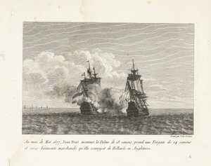 Jan Bart verovert een Hollands fregat、1677 1677 年 5 月、ジャン＝バールは 18 門のパルメに乗り、24 門のフリゲート艦と 16 隻の商船を運び、オランダからイギリスまで護送していました (オブジェクトのタイトル)。 ジェアの戦いのコレクション 作： Yves Marie Le Gouaz