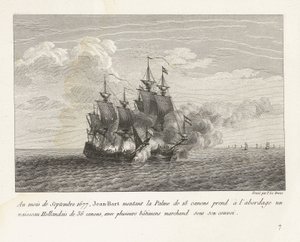 Jan Bart verovert een Hollands fregat、1677 1677 年 9 月、ジャン＝バールは 18 門のパルメに 36 門のオランダ船に乗り込み、護送船団の下に数隻の商船を乗せた (オブジェクトのタイトル) 戦いのコレクション 作： Yves Marie Le Gouaz