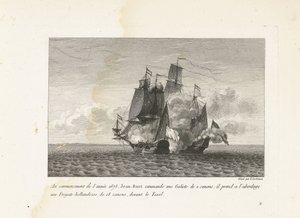 Jan Bart verovert een Hollands fregat bij Texel, 1675 1675 年の初めに、ジャン バルトは 2 門のガリオテを指揮しました。彼はテクセルの前で 18 門のオランダのフリゲート艦に乗り込みました (オブジェクトのタイトル)。 Jean-B の戦いのコレクション 作： Yves Marie Le Gouaz