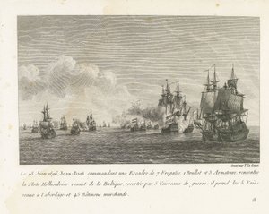 Treffen tussen een vloot onder Jan Bart en een Hollandse vloot、1696 1696 年 6 月 18 日、7 隻のフリゲート艦からなる戦隊を指揮するジャン バルト (...) は、バルト海からやってきたオランダ艦隊と出会う (オブジェクトの称号) Escのチーフ、ジャン・バールの戦いのコレクション 作： Yves Marie Le Gouaz