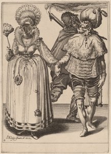 孔雀の羽をつけた女性を導くターバンの男性 作： Zacharias Dolendo after Jacques de Gheyn II