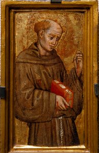 アッシジの聖フランソワ（聖フランチェスコ） ザニーノ・ディ・ピエトロ（1389-1448）作画 1415年 薄暗い 14x7 cm アッシジ、サン・フランチェスコ聖堂のテゾーロ美術館。Perkinsコレクション 作： Zanino di Pietro