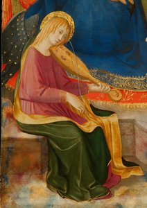 ミュージシャンエンジェル2人との謙遜のマドンナ。詳細：ミュージシャンエンジェル、c1450。 作： Zanobi Strozzi