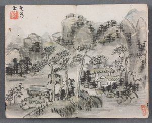 人物と風景のミニチュアアルバム（2つの建物のある風景）