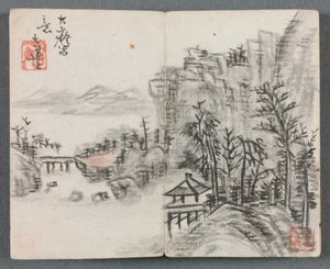 フィギュア付きのミニチュアアルバムと橋のある風景崖の風景、1822年。