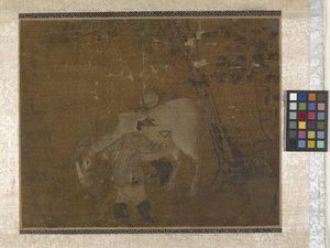 白馬を梳く新郎（シルクに色）