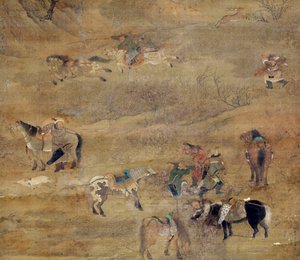 馬を追いかけるモンゴル人騎手。詳細絹本著色 佛頂僧侶（1254-1322）筆。元時代（1206-1368 AD） パリ、ギメ美術館、国立アジア美術館 作： Zhao Mengfu Chao Meng Fu or