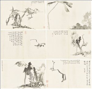 風景と花、6枚の葉のアルバム 作： Zhu da Bada Shanren