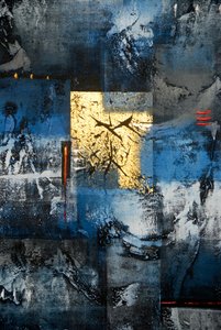 金、青、黒、グレーの色で描かれた抽象画、ウブド、バリ、インドネシア、東南アジア、アジア