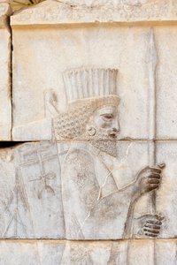 アケメネス朝の古代レリーフ、槍を持ったペルシャ人、アパダナ宮殿の不死身の衛兵、遺跡、ペルシャの古代都市ペルセポリス、ユネスコ世界遺産、ファールス州、イラン、アジア