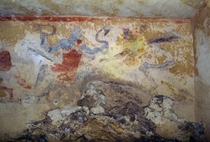 蛇を連れた青鬼」フレスコ画 イタリア・ラツィオ州 タルキニアのネクロポリス「青鬼の墓」（2004年ユネスコ世界遺産登録） エトルリア文明 紀元前5世紀頃