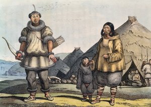 小屋の前に立つチュクチ族の家族（ロシア・ベーリング海峡）ルイ・チョリス（1795-1828）作 作： Georg Carl Heinrich Dollmann