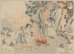 「カミ伯爵夫人」が踊り、太陽の女神アマテラスを洞窟から誘い出す、1890年頃（木版画） 作： . .