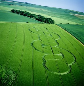 2005年6月5日、ウィルトシャー州ベックハンプトン、大麦畑のクロップサークル（航空写真