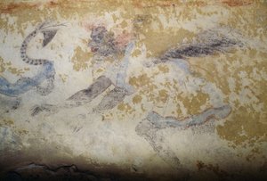 悪魔、フレスコ画、タルクィニアのネクロポリス「青鬼の墓」（2004年ユネスコ世界遺産登録）、イタリア、ラツィオ州、エトルリア文明、紀元前5世紀（写真）