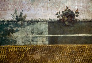 イタリア・ローマ、パラティーノの丘にあるリヴィア家の庭園に描かれた果樹と鳥のいる庭園を描いたフレスコ画の詳細、花瓶。ローマ文明 作： Georg Carl Heinrich Dollmann